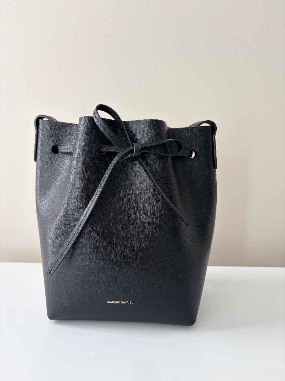 NWOT Mansur Gavriel Saffiano Mini Bucket Bag Black Flamma Red Crossbody